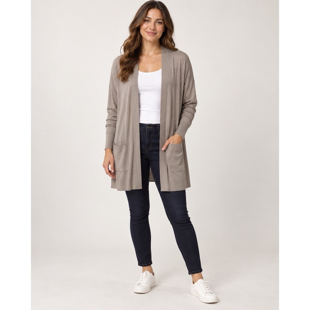 Ann Taylor Women's Large Taupe Open Front Long Cardigan Sweater Pockets Classic